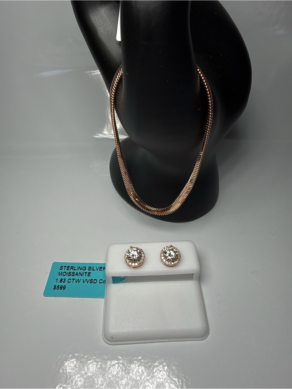 Sterling Silver Moissanite Stud Earrings and Rose Gold Necklace Set